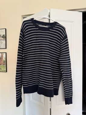 J Crew Men's Navy and White Striped Crewneck Sweater